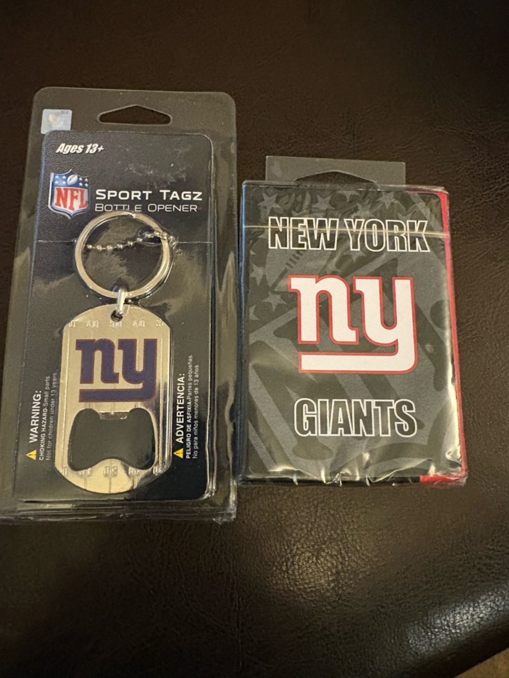 NFL New York Giants Navy Blue and Red Dog Tag Bottle Opener and Playing Card Set